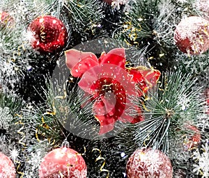 Christmas red star and ball green tree Fir branches gold confetti and white snow flakes background   greetings card template