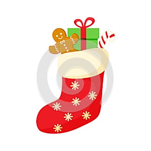 Christmas red stocking with candies, gingerbread man and gifts vector illustration isolated on white background.