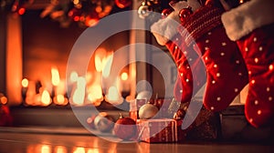 Christmas red stocking by the fireplace