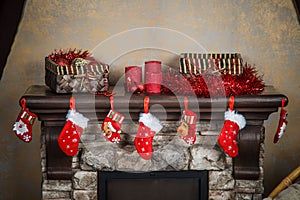 Christmas red stocking hanging from a mantel or fireplace, decor