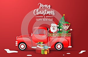 Christmas red truck with Santa Claus and Elf, Merry Christmas and Happy New Year