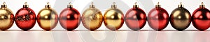 christmas red and white balls, golden balls. lights, christmas ornaments, balls, christmas ornaments, white background