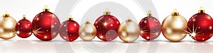 christmas red and white balls, golden balls. lights, christmas ornaments, balls, christmas ornaments, white background