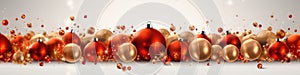 christmas red and white balls, golden balls. lights, christmas ornaments, balls, christmas ornaments, white background