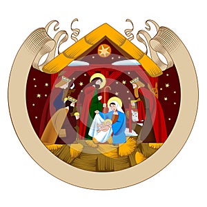 Christmas reeting card with a scene of the Nativity of Christ and Adoration of the Magi and retro ribbon banner isolated on white