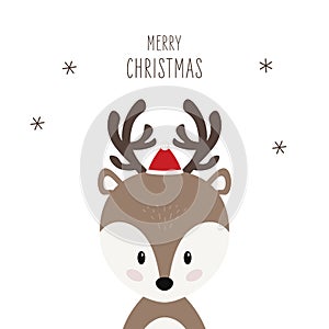 Christmas reindeer cute character with santa hat vector white background