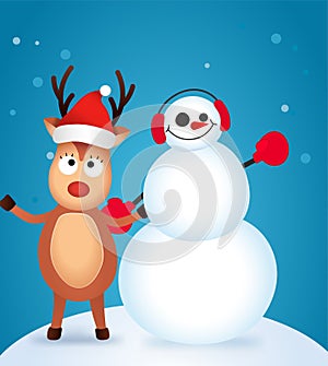 Christmas Reindeer. Cute and funny character Deer and Snowman. Christmas card. Vector illustration.