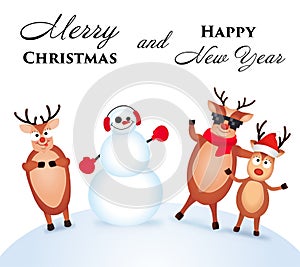 Christmas Reindeer. Cute and funny character Deer and Snowman. Christmas card. Vector illustration.