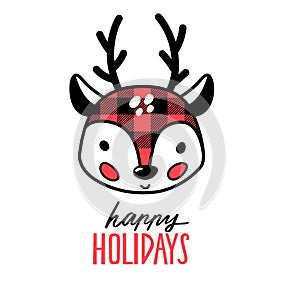 Christmas reindeer, deer or fawn vector illustration with buffalo plaid. Happy Holidays.