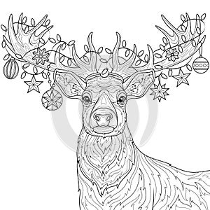 Christmas reindeer with garlands on its horns. Coloring book antistress for adults.