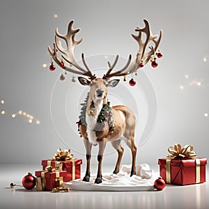 Christmas reindeer, generated by AI, on a white base recreating studio scenario