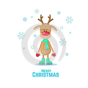 Christmas reindeer in a green scarf. Vector illustration of a reindeer isolated on white background.