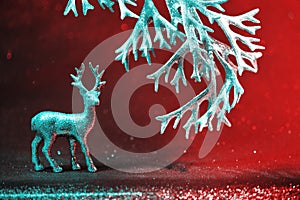 Christmas reindeer on red glitter background. Christmas or New Year banner