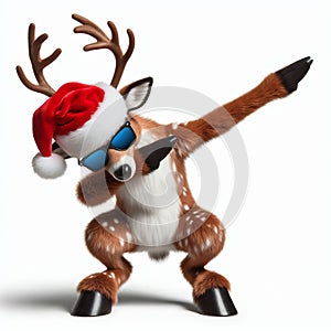 Christmas reindeer with santa claus hat and sunglasses, doing the Dab dance