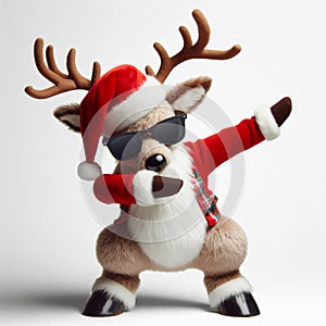 Christmas reindeer with santa claus hat and sunglasses, doing the Dab dance