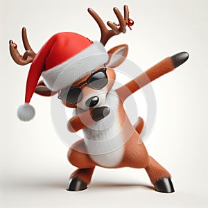 Christmas reindeer with santa claus hat and sunglasses, doing the Dab dance