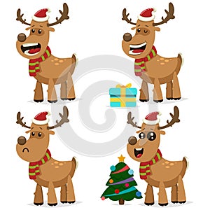 Christmas reindeer in Santa Claus hat vector cartoon character set