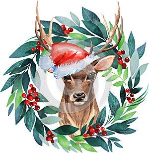 Christmas reindeer. Watercolor greeting card. Winter holidays background.