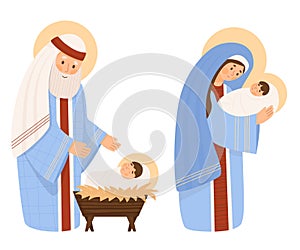 Christmas religious characters. Holy Family. Virgin Mary, Saint Joseph and baby Jesus in manger. Birth of Savior Christ