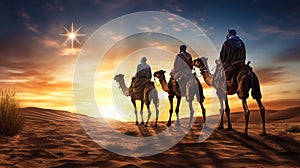 Christmas religious nativity concept. Three wise men on a camels on desert go to Shining bright bethlehem star. Epiphany concept,