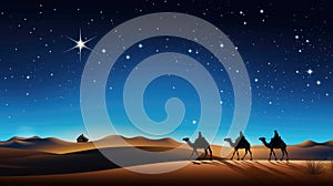 Christmas religious nativity. Three wise men on a camels on desert go to Shining bright Bethlehem star. Epiphany concept, nativity