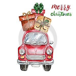 Christmas retro abstract car with gift boxes, isolated on white background. Hand painted watercolor red car for winter holidays