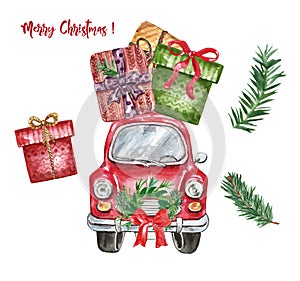Watercolor red Christmas car with holiday gift boxes, isolated on white background. hand painted cartoon illustration
