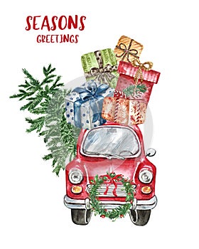 Christmas retro abstract car with gift boxes, pine tree, holiday greenery wreath, isolated on white background.