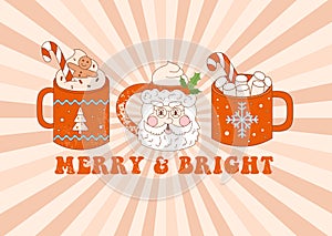 Christmas retro card with mugs of cocoa drink on sun ray background.