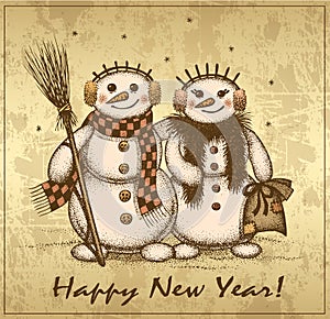 Christmas retro card with two snowmen boy and girl