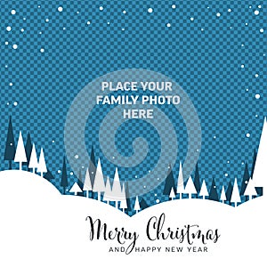 Christmas retro family photo card layout template with snowy landscape