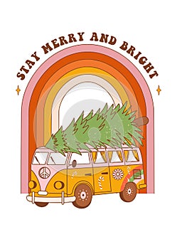 Christmas retro greeting card with hippie van, spruce and rainbow. Groovy truck with lettering quote in 70s style.