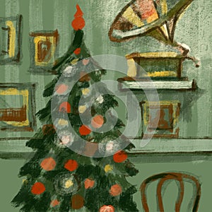 Christmas retro party illustration. Procreate sketch. Music gramophone. Vintage style. Art Deco Gatsby Epoch