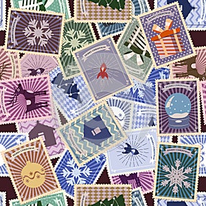 Christmas retro postal stamp seamless pattern old postage stamps