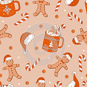 Christmas retro seamless pattern with groovy gingerbread man, cup of cacao, Santa Claus hat, candy cane and holly berry. Vintage