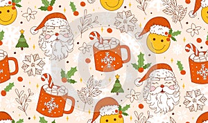 Christmas retro seamless pattern with groovy smile face, cup of cacao, Santa Claus and decorative elements.