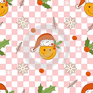 Christmas retro seamless pattern with groovy smile face, holly, snowflake, spruce on trippy grid background.