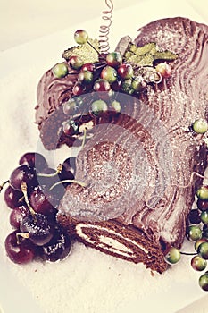 Christmas retro style yule log chocolate cake
