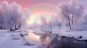 Christmas Ribbon.A pink-hued winter scene with patches of frost everywhere.Mostly serene winter river, encircled by hoarfrost-