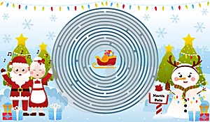 Christmas riddle for kids with mrs ans mrs claus are singing christmas carols with cute snowman, circle maze