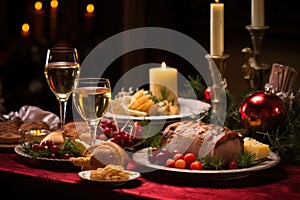 Christmas roast beef with caramelized apples and cranberries on a plate, Christmas meal, served on the table with decoration