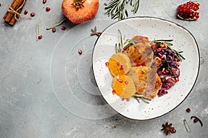 Christmas roast duck served with red cabbage on a festive table. Dish for Christmas Eve. banner, menu, recipe place for text, top
