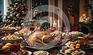 Christmas roasted turkey with cranberries and oranges on rustic wooden table