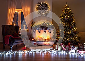 Beautiful decorated living room with a christmas tree and a fire place