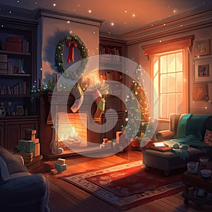 Christmas room decoration with a glowing fireplace, a Christmas hat hanging on the mantelpiece, surrounded by holiday decorations