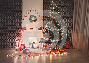 Christmas room interior design, decorated tree in garland lights