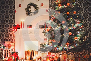 Christmas room interior design, decorated tree in garland lights