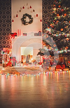 Christmas room interior design, decorated tree in garland lights