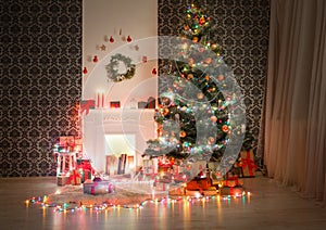 Christmas room interior design, decorated tree in garland lights