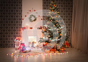 Christmas room interior design, decorated tree in garland lights